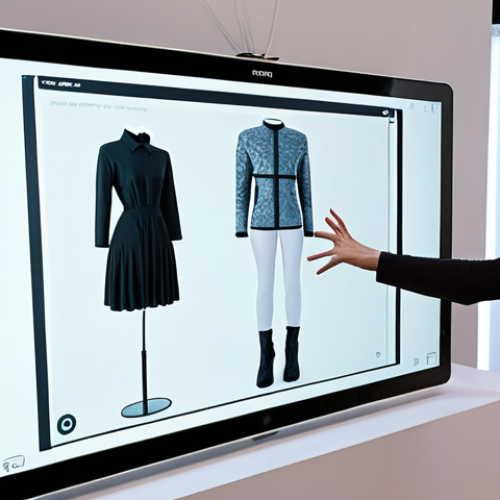 Home 15 **A cutting-edge digital fashion portfolio displayed on a sleek, large interactive screen (like a tablet or wall-mounted display).** The screen showcases a high-resolution, dynamic image of a unique garment. Zoomed-in details of intricate fabric textures are visible, alongside subtle animated elements, perhaps a 360-degree view or a short video clip of the garment in motion. A hand is poised to interact with the screen's intuitive interface. The background is minimalist and modern, hinting at a creative design studio environment, emphasizing seamless user experience and innovative presentation. High-fidelity, professional, digital art style.