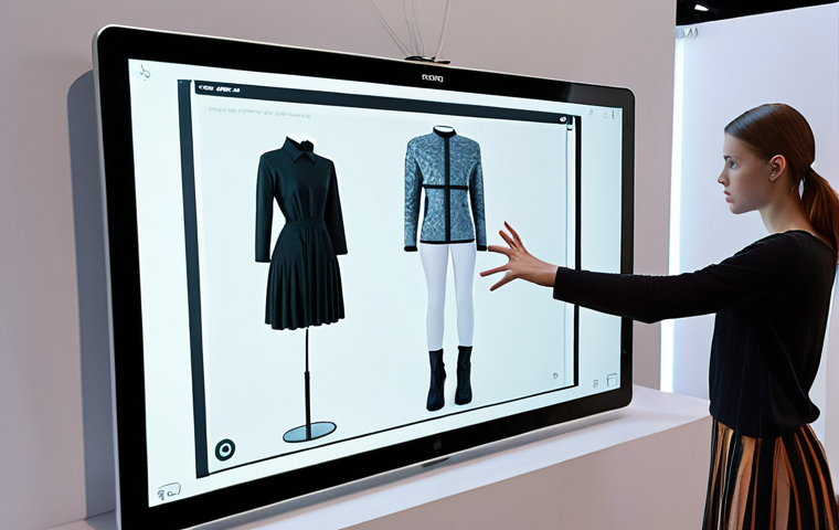**A cutting-edge digital fashion portfolio displayed on a sleek, large interactive screen (like a tablet or wall-mounted display).** The screen showcases a high-resolution, dynamic image of a unique garment. Zoomed-in details of intricate fabric textures are visible, alongside subtle animated elements, perhaps a 360-degree view or a short video clip of the garment in motion. A hand is poised to interact with the screen's intuitive interface. The background is minimalist and modern, hinting at a creative design studio environment, emphasizing seamless user experience and innovative presentation. High-fidelity, professional, digital art style.