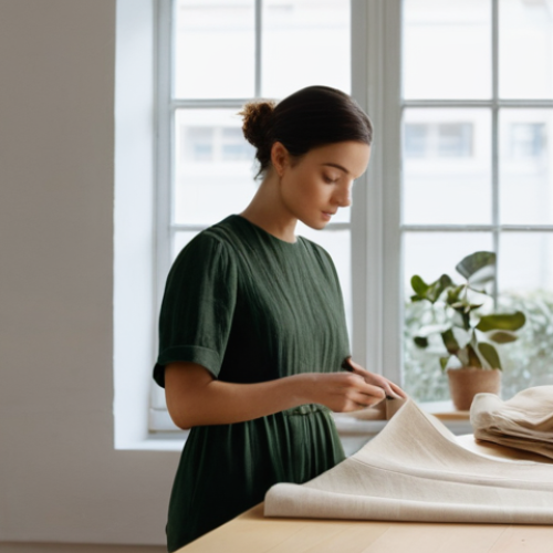 Home 17 패션디자인 자격증 추천 목록 - **Prompt:** A serene and brightly lit sustainable fashion design studio. A female designer, in her l...