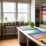 Home 9 패션디자인 실습 환경 세팅 - **Prompt:** A vibrant and meticulously organized fashion design studio bathed in soft natural light ...