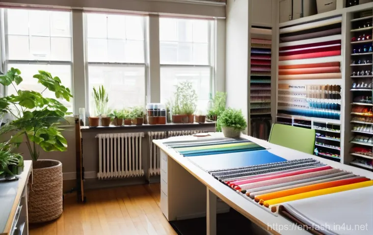 패션디자인 실습 환경 세팅 - **Prompt:** A vibrant and meticulously organized fashion design studio bathed in soft natural light ...