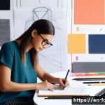 Home 14 패션디자인 실무에 필요한 역량 - A dynamic fashion design studio scene featuring a young designer sketching fluid garment concepts on...