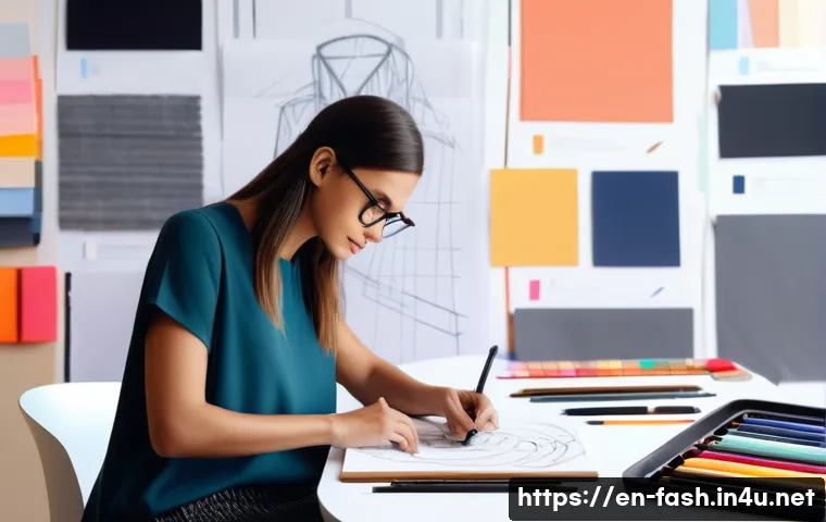 패션디자인 실무에 필요한 역량 - A dynamic fashion design studio scene featuring a young designer sketching fluid garment concepts on...