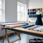 Home 19 패션디자인 초보자를 위한 가이드 - A detailed, high-resolution image of a modern fashion designer’s workspace, featuring a large cuttin...