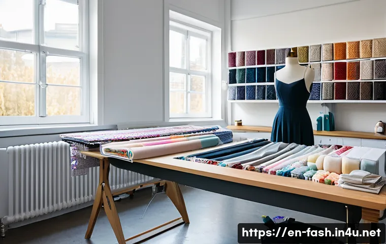 패션디자인 초보자를 위한 가이드 - A detailed, high-resolution image of a modern fashion designer’s workspace, featuring a large cuttin...