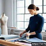 Home 18 패션디자인 실무 중심 학습법 - A fashion designer’s studio scene featuring a diverse range of fabric swatches spread out on a large...