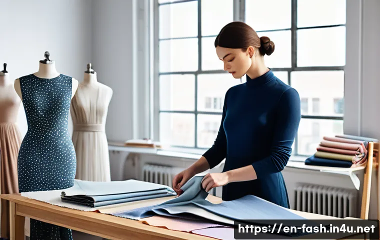 패션디자인 실무 중심 학습법 - A fashion designer’s studio scene featuring a diverse range of fabric swatches spread out on a large...