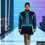 Home 23 패션디자인 분야 인기 기업 소개 - A futuristic fashion runway scene showcasing diverse models wearing temperature-adaptive jackets mad...