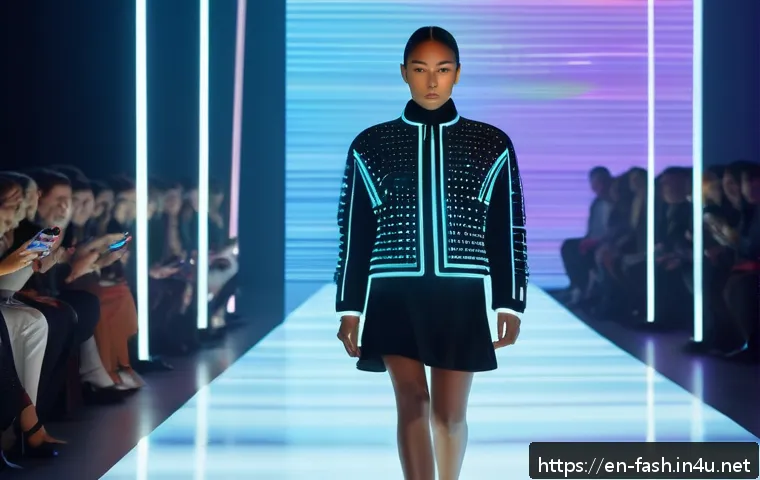 패션디자인 분야 인기 기업 소개 - A futuristic fashion runway scene showcasing diverse models wearing temperature-adaptive jackets mad...